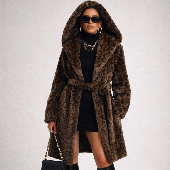Rebecca Minkoff Jackets & Blazers - Rebecca Minkoff NWT Leopard Vegan Faux Fur Wrap Belted Coat With Hood Size Large